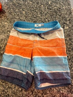 Old Navy Boys Orange, Light Blue & Navy Striped Swim Trunks
